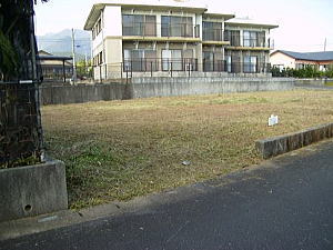手前の道路から見上げるように、雑草が生えた空き地が広がり、奥にはコンクリートの擁壁と、その上に大きな二階建ての住宅が建っている分譲地の写真