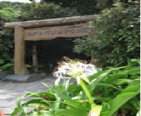 手前には白い花と大きく広がった葉の植物があり、その奥には「志戸子ガジュマル公園」と書かれた木製の看板と丸太で作られた素朴な門が、生い茂る木々に囲まれて見える写真