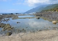 青い空と海、白い砂浜が広がる海岸の景色で、波打ち際には透明度の高いエメラルドグリーンの海水が寄せ、沖合には岩場と島影がうっすらと見える写真