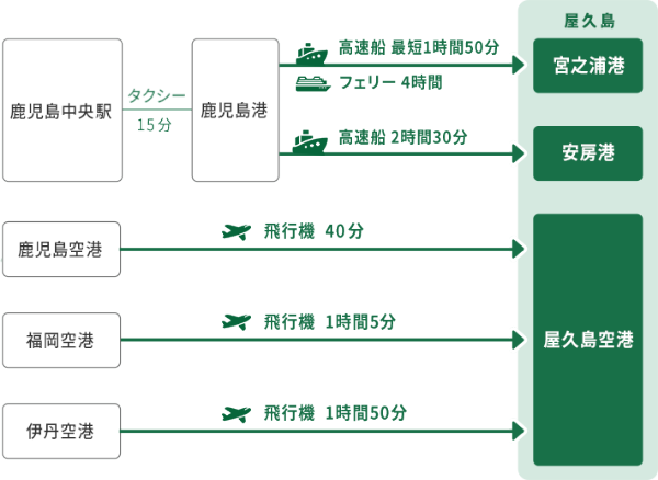 屋久島への交通手段と所要時間の図。海路は鹿児島中央駅からタクシー15分の鹿児島港を経由し、宮之浦港へは高速船で最短1時間50分またはフェリーで4時間、安房港へは高速船で2時間30分です。空路は屋久島空港への直行便で、鹿児島空港から飛行機で40分、福岡空港から1時間5分、伊丹空港から1時間50分となります。