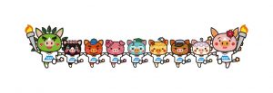 9匹の豚が描かれたかごしま国体のキャラクター「ぐりぶーファミリー」のイラスト