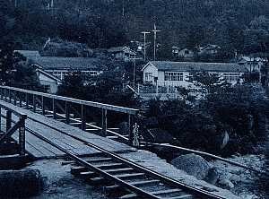 木製の橋に鉄道の線路が敷かれ、その先に複数の平屋建ての校舎と電柱が並び、周囲を木々に囲まれた山間の集落が広がる小杉谷の写真