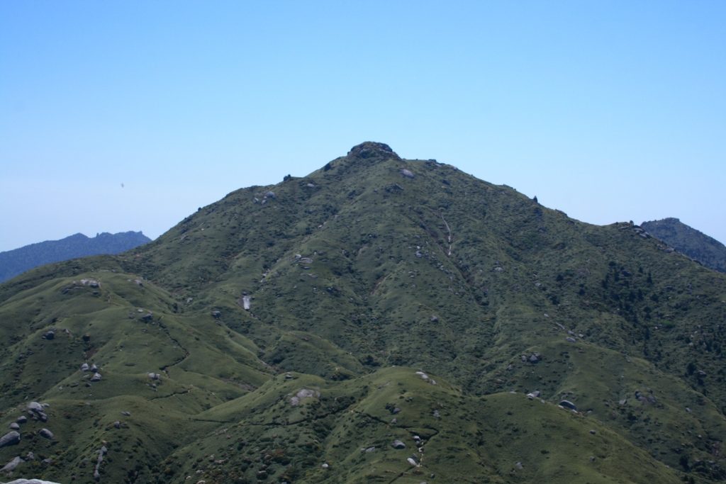 緑に覆われところどころに岩が見られる宮之浦岳の写真