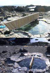 岩場に囲まれた海のそばにある二つの天然温泉の湯船が並んで写っており、上段は湯船の上に架かる竹垣で仕切られ、下段は岩に囲まれた円形の湯船を上から見た、自然の中にある露天風呂の縦に並んだ二枚の写真