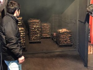 黒い倉庫内に、サバ節が入った複数のコンテナが並んでおり、複数の人が、開いた扉の前で中をうかがっている様子の写真