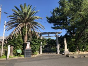 石造りの鳥居の手前左側に灯籠型の神社の看板や大きなヤシの木、右側に石碑と枝を広げた大きな木が立っている写真