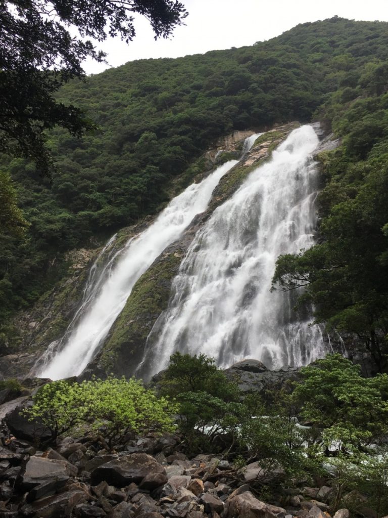 緑豊かな山肌の岩盤の上を二股に分かれて勢いよく白く流れ落ちる壮大な多段の滝を、手前の大きな岩や木々の間から見上げるように撮影した写真