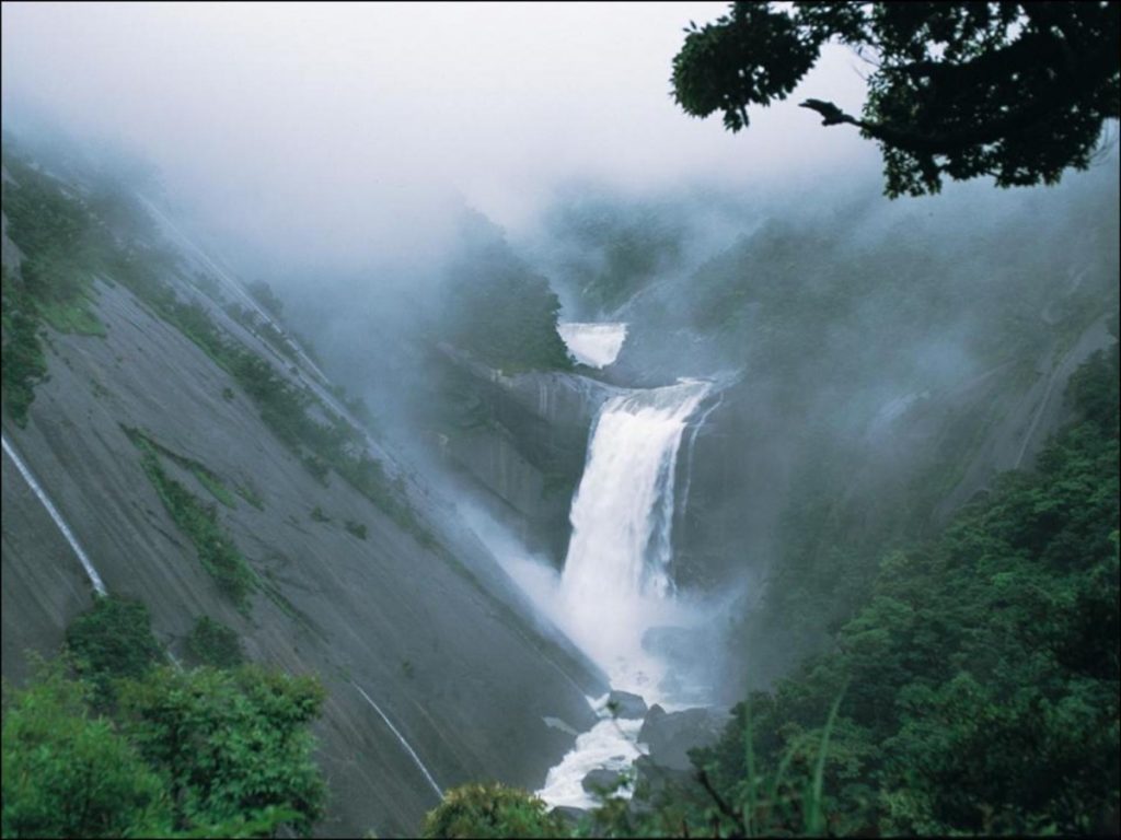 緑の木々に囲まれた切り立った灰色の岩肌を白い水しぶきをあげながら落下する滝と、その奥の上流に見える二段目の小さな滝を、霧が立ち込める中で撮影した写真