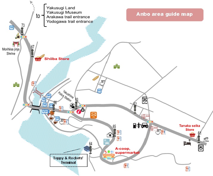 フェリーターミナルと主要道路、道路沿いの施設が記載された安房エリアの地図