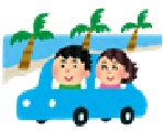 海沿いを青い車に乗った男女がドライブしているイラスト