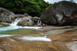 緑の森の手前にある大きな岩がごろごろと点在した渓流を水が勢いよく流れている様子の写真