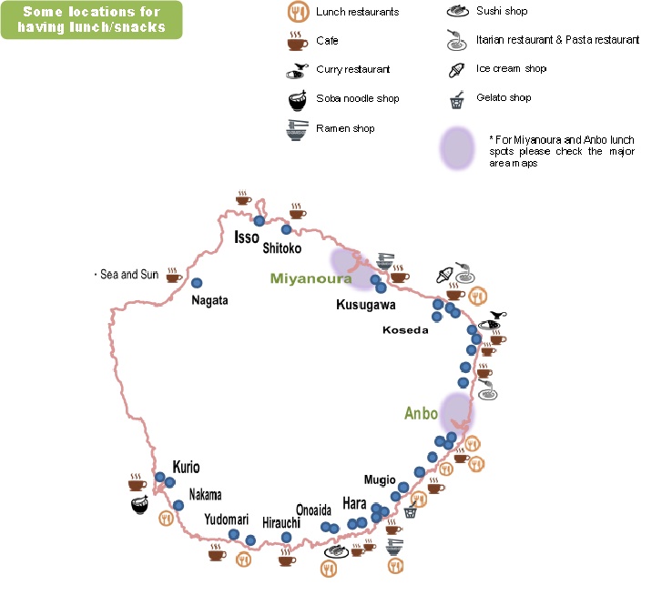 飲食店が種類別にアイコンで示され、右上に凡例が記載された地図