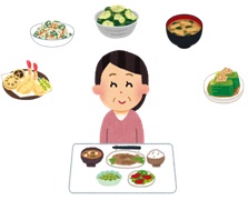 料理が並んだテーブルに座った女性と、てんぷらなど様々な野菜を使った料理のイラスト