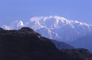 澄み渡る青空を背景に、手前の暗い影となった山の稜線越しに望む、山肌の木々がびっしりと白い雪や霧氷に覆われて白銀に輝く険しい山頂付近の様子を捉えた風景写真