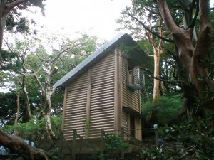 木々に囲まれた斜面に建つ縦長の木造小屋で、急勾配の屋根と小さなバルコニーが特徴的な山小屋の写真