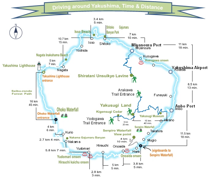 屋久島をドライブする場合の距離、所要時間が記された地図
