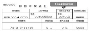 「最初の新規検査年月」と矢印で示された初度検査年月が四角で囲まれている、自動車検査証の券面の一部を抜粋した画像